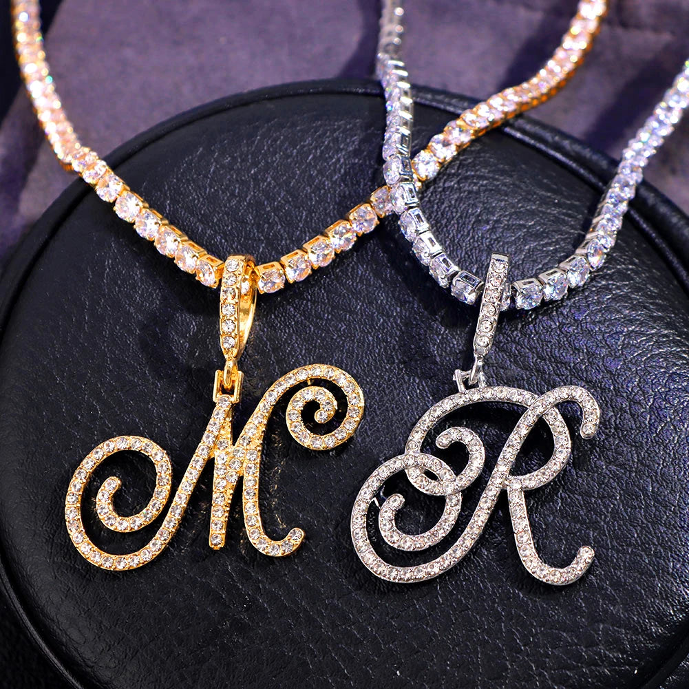New cursive letter necklace with cubic zirconia, initial name necklace in hip-hop style, jewelry in gold and silver colors, CZ pendant with 26 letters