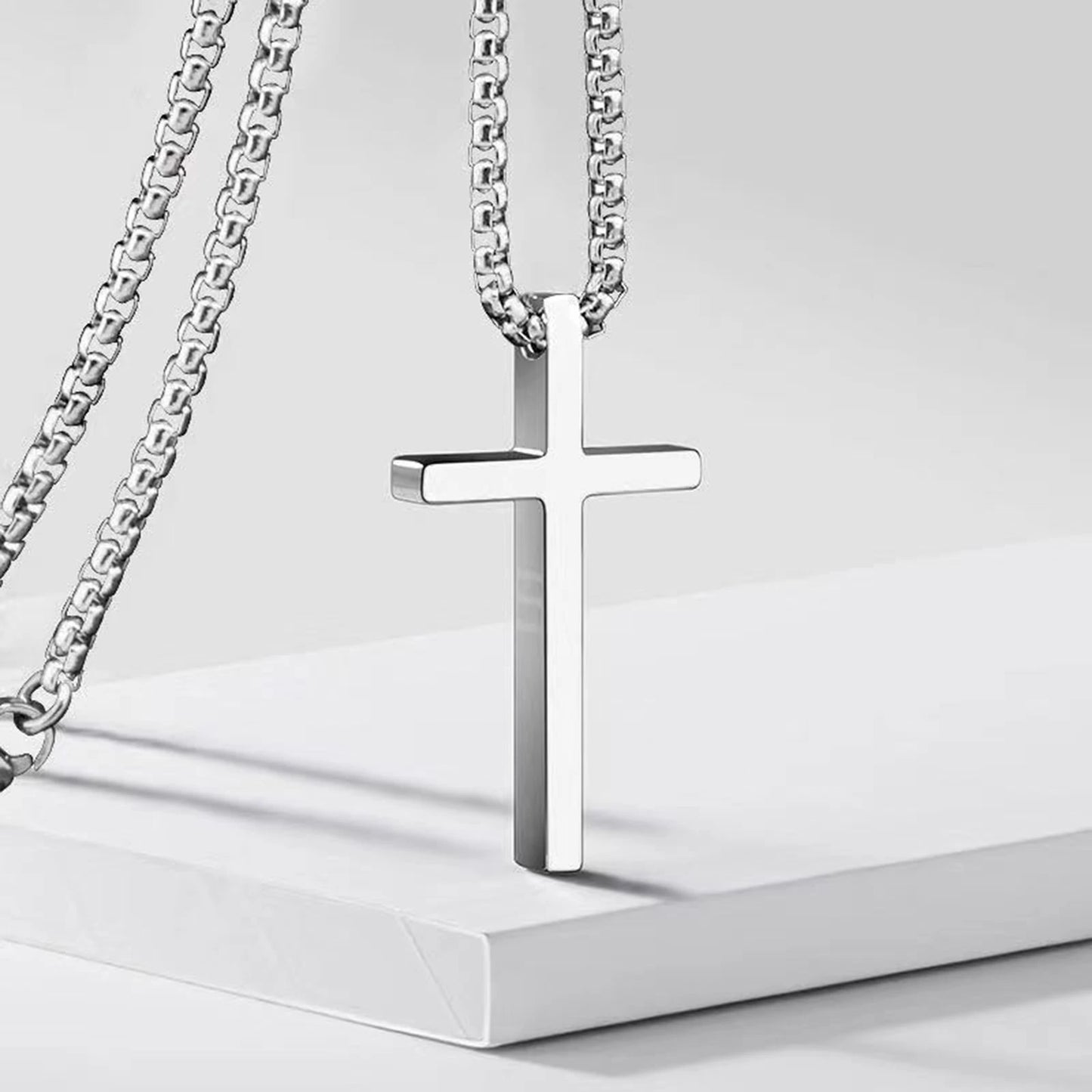 Vnox cross necklace for men and women, simple cross pendant in silver color with stainless steel box chain
