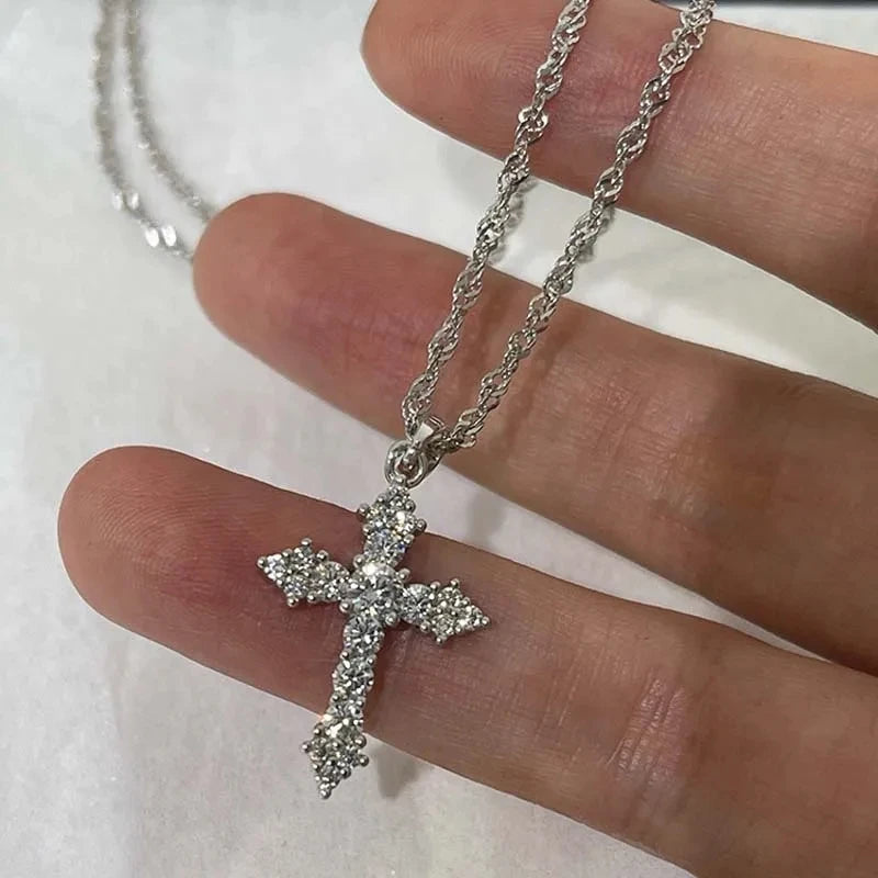Brilliant crystal cubic zirconia cross pendant necklace for women and girls, punk style, silver-tone thin chain necklace, party jewelry, birthday gift