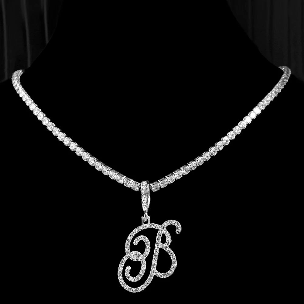 New cursive letter necklace with cubic zirconia, initial name necklace in hip-hop style, jewelry in gold and silver colors, CZ pendant with 26 letters