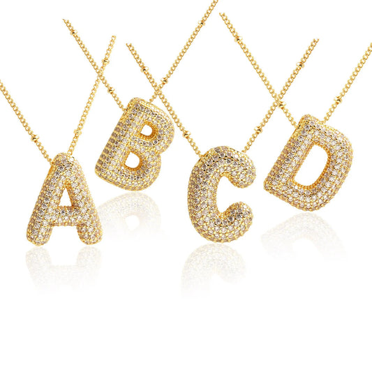 MHS.SUN Gold Plated Balloon 26 Letter Necklaces Copper Zircon Bubble Initial Pendant Chunky Women Personality Chain Jewelry