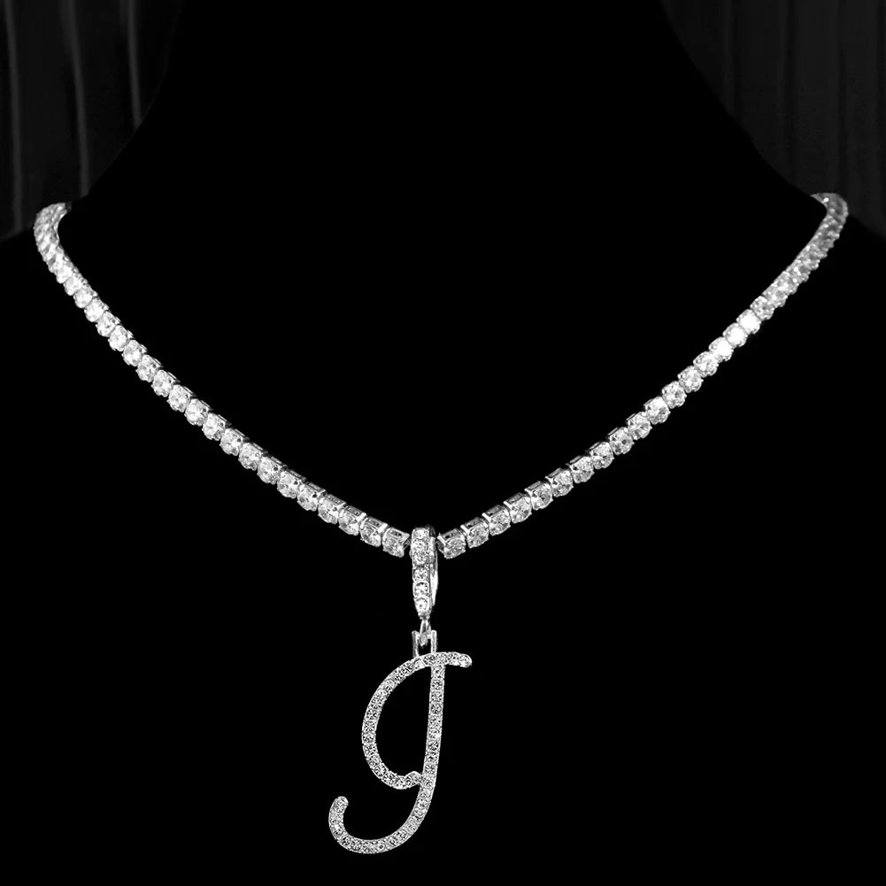 New cursive letter necklace with cubic zirconia, initial name necklace in hip-hop style, jewelry in gold and silver colors, CZ pendant with 26 letters