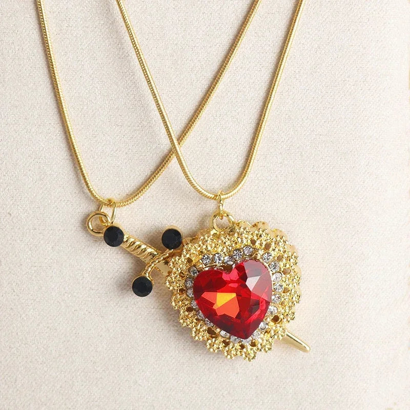 LATS 2-piece heart and sword zircon pendant necklace set, stackable, for women and men, couple necklace, silver-plated/gold-plated, choker chain jewelry