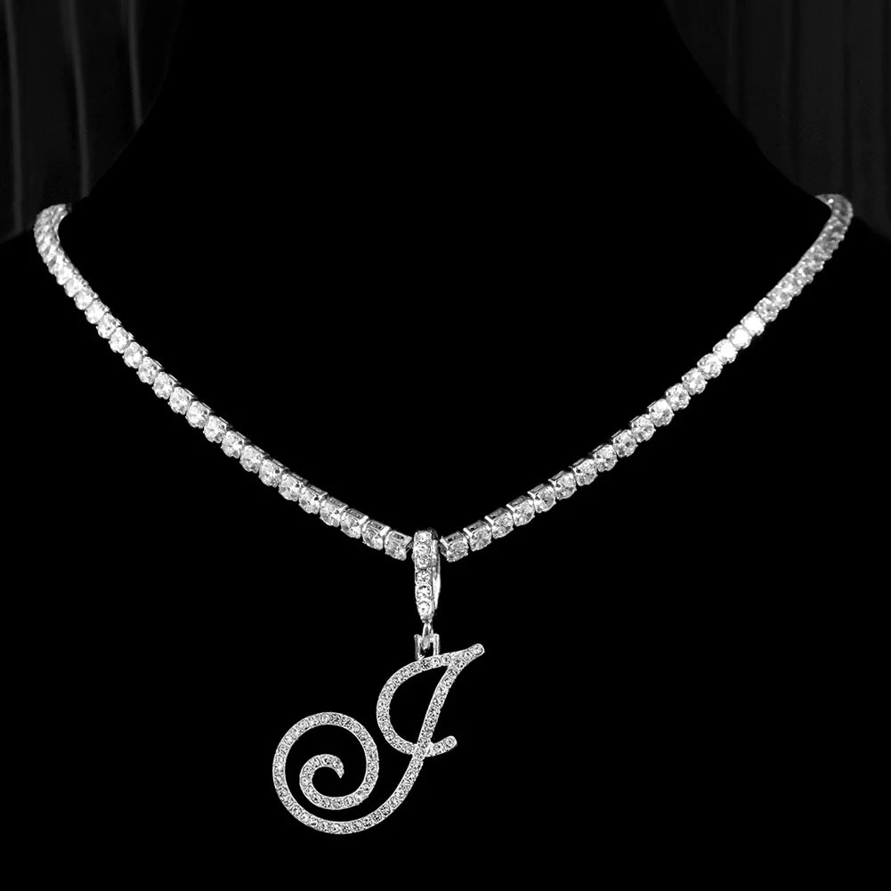 New cursive letter necklace with cubic zirconia, initial name necklace in hip-hop style, jewelry in gold and silver colors, CZ pendant with 26 letters