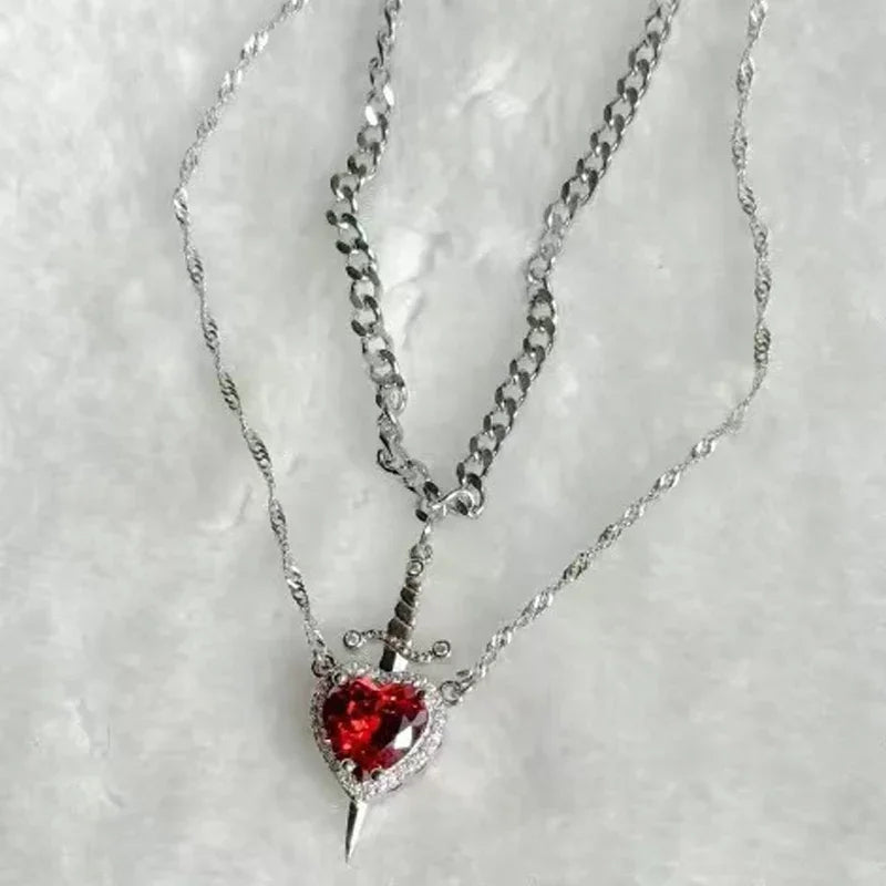 LATS 2-piece heart and sword zircon pendant necklace set, stackable, for women and men, couple necklace, silver-plated/gold-plated, choker chain jewelry