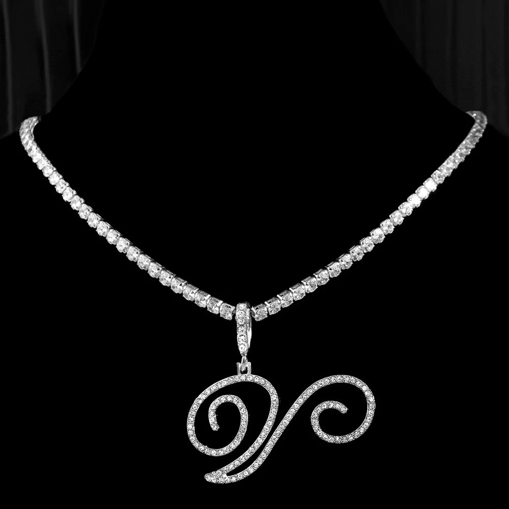 New cursive letter necklace with cubic zirconia, initial name necklace in hip-hop style, jewelry in gold and silver colors, CZ pendant with 26 letters