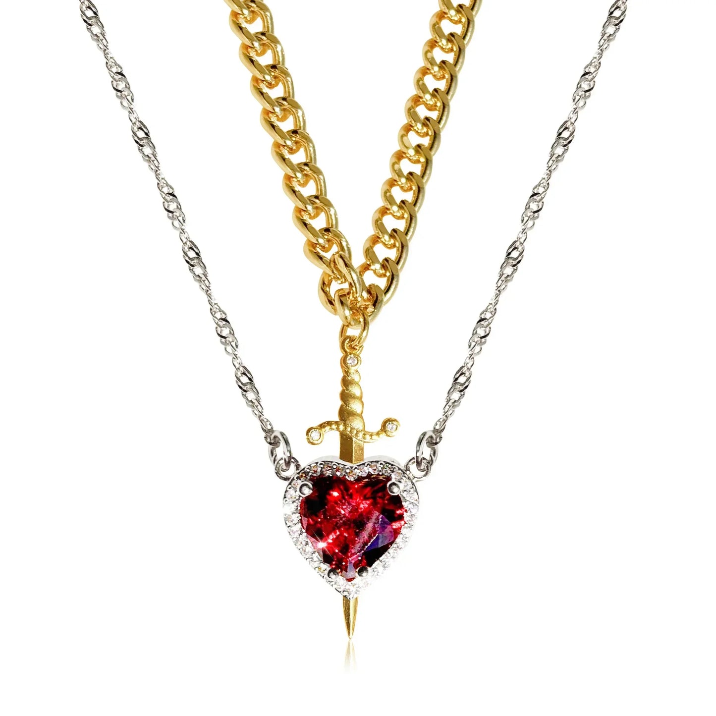 LATS 2-piece heart and sword zircon pendant necklace set, stackable, for women and men, couple necklace, silver-plated/gold-plated, choker chain jewelry