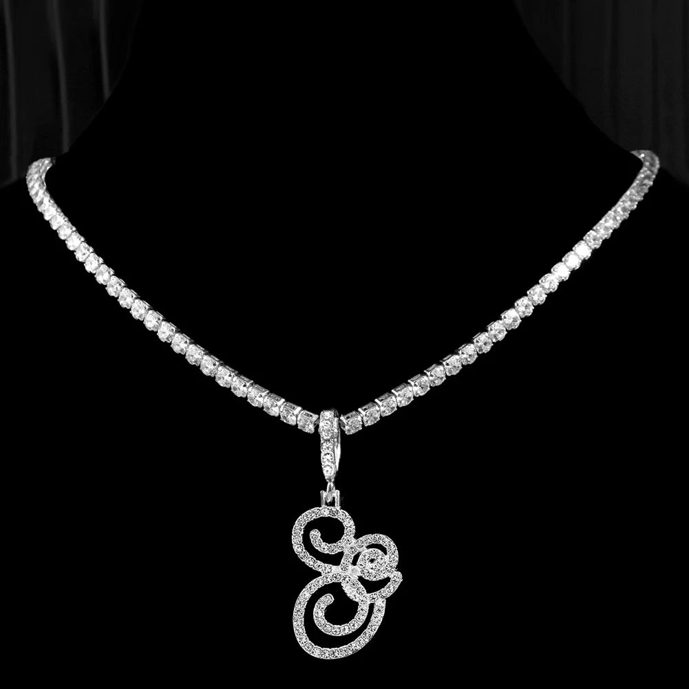 New cursive letter necklace with cubic zirconia, initial name necklace in hip-hop style, jewelry in gold and silver colors, CZ pendant with 26 letters