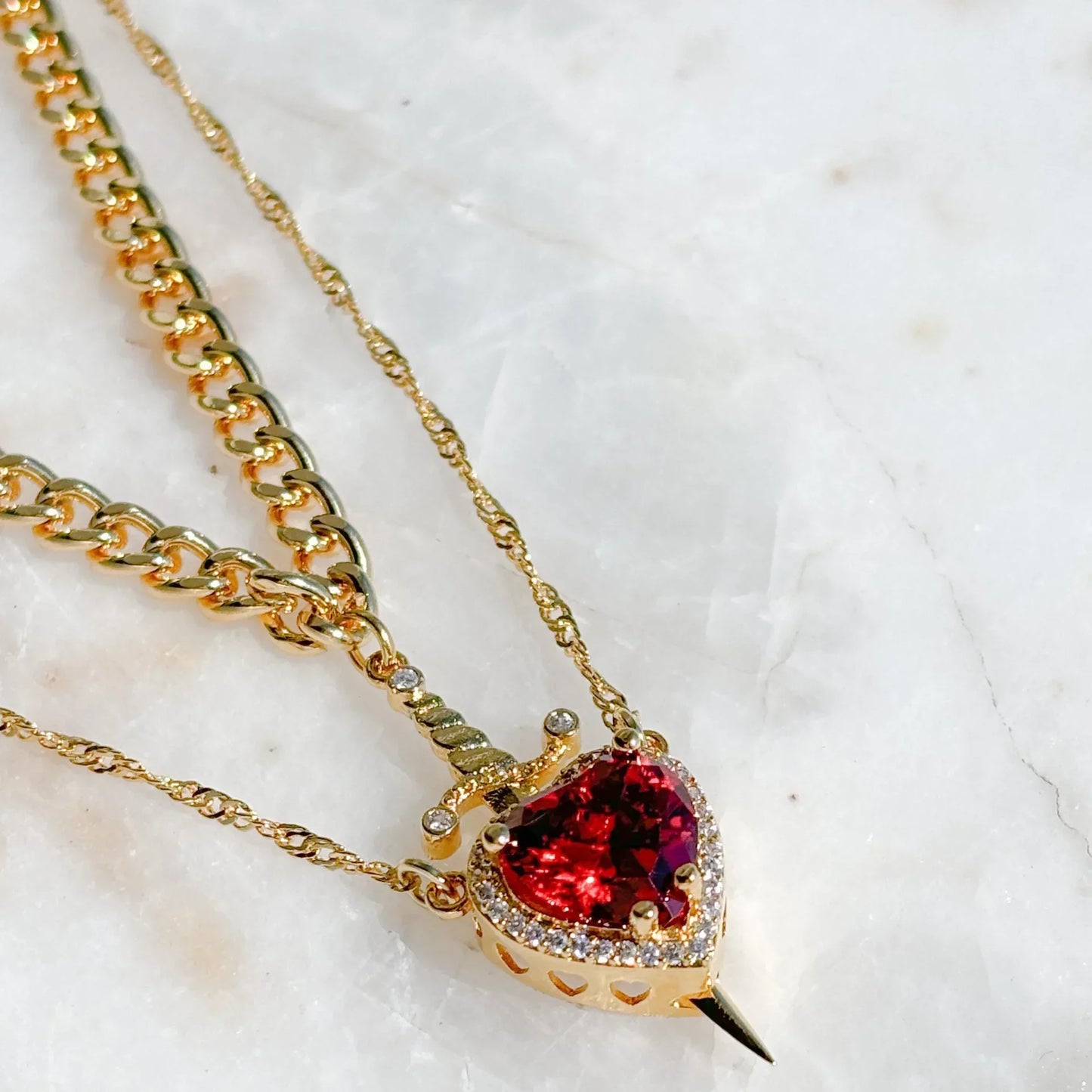 LATS 2-piece heart and sword zircon pendant necklace set, stackable, for women and men, couple necklace, silver-plated/gold-plated, choker chain jewelry