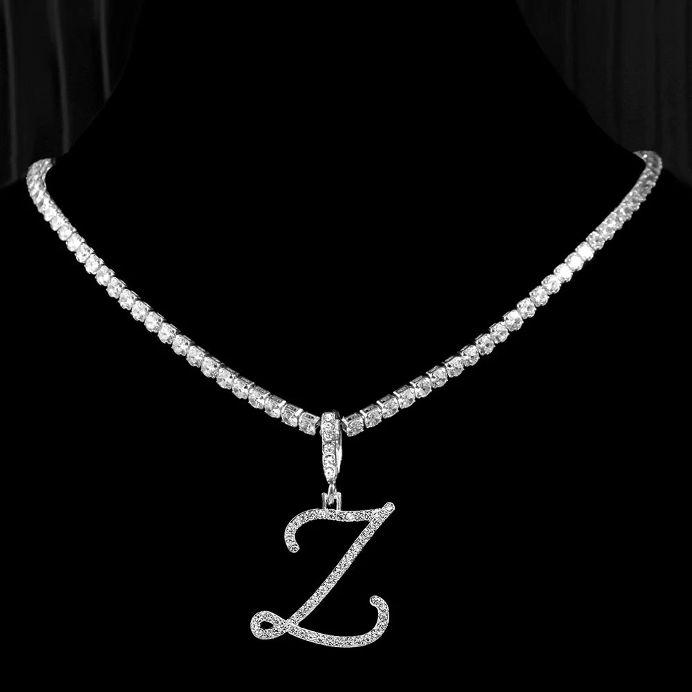 New cursive letter necklace with cubic zirconia, initial name necklace in hip-hop style, jewelry in gold and silver colors, CZ pendant with 26 letters