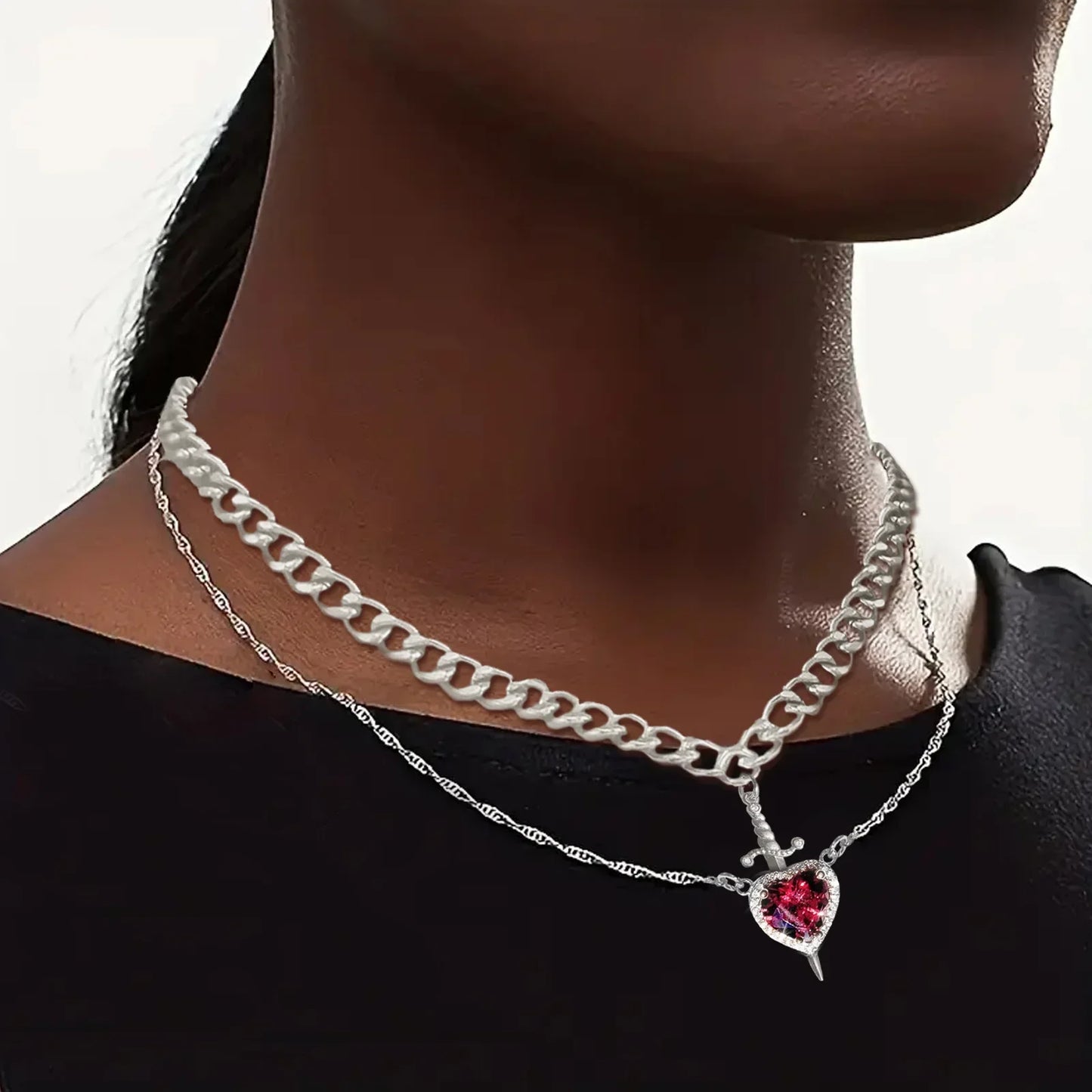 LATS 2-piece heart and sword zircon pendant necklace set, stackable, for women and men, couple necklace, silver-plated/gold-plated, choker chain jewelry