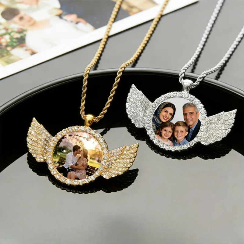Custom Angel Wing Round Photo Necklace, Personalized Picture Pendant for Jewelry Ideal for Anniversary Birthday Gift for Him Her
