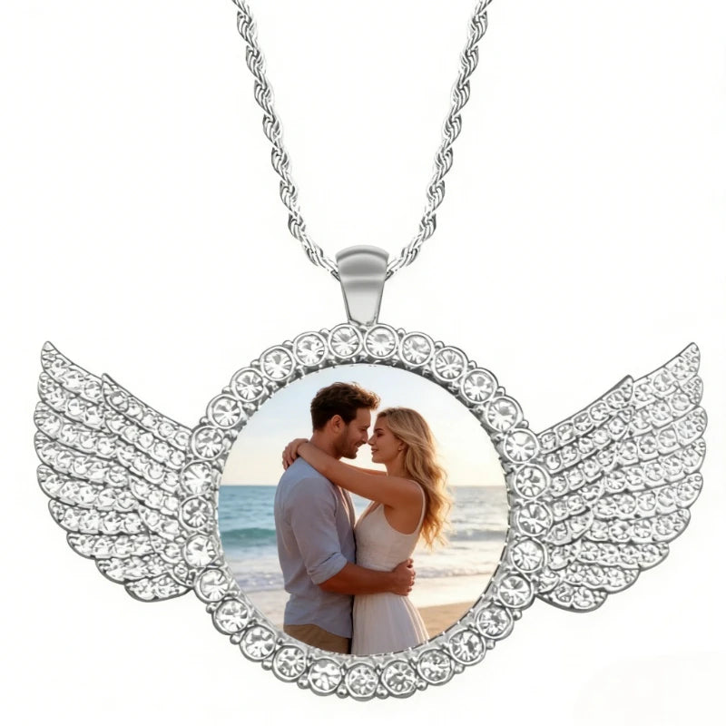 Custom Angel Wing Round Photo Necklace, Personalized Picture Pendant for Jewelry Ideal for Anniversary Birthday Gift for Him Her
