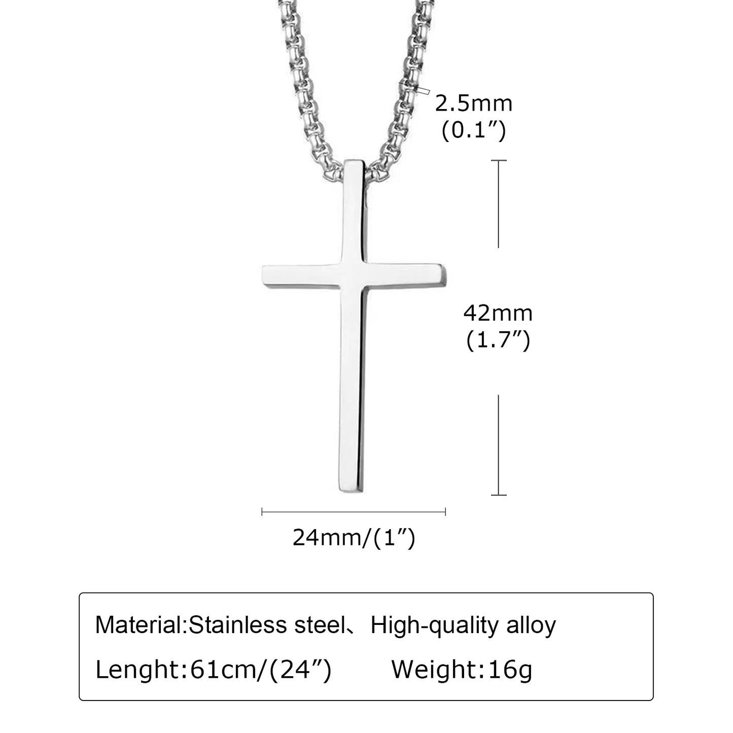 Vnox cross necklace for men and women, simple cross pendant in silver color with stainless steel box chain