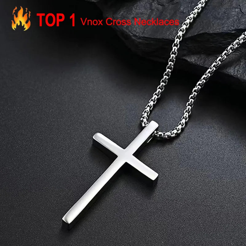 Vnox cross necklace for men and women, simple cross pendant in silver color with stainless steel box chain