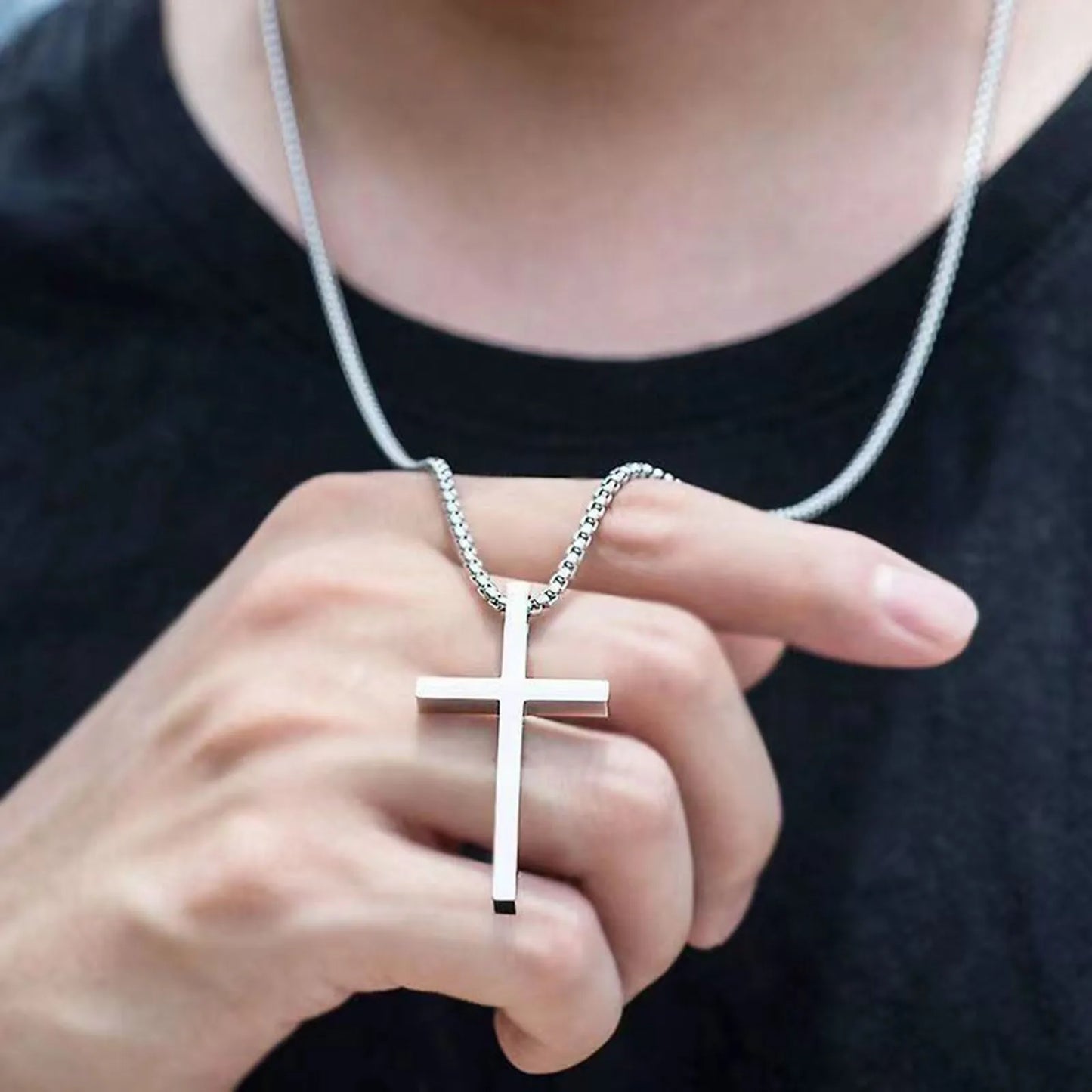 Vnox cross necklace for men and women, simple cross pendant in silver color with stainless steel box chain