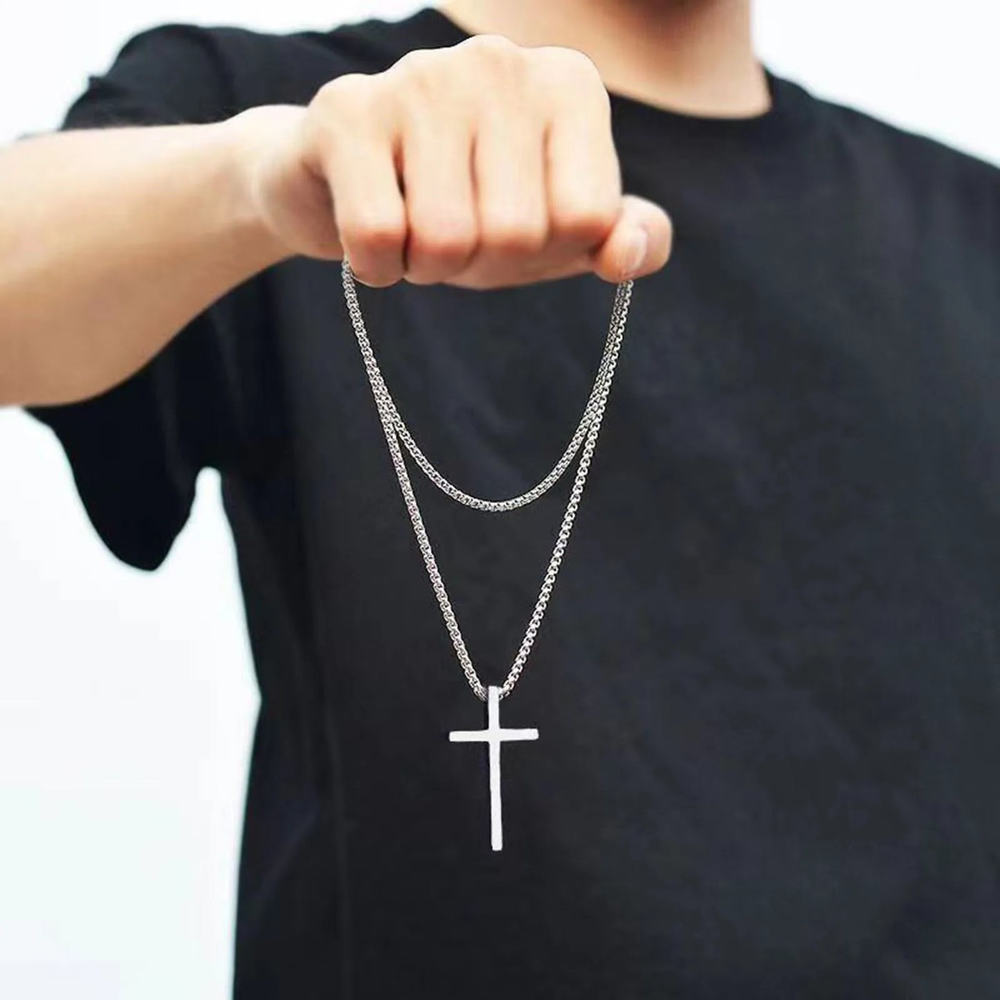 Vnox cross necklace for men and women, simple cross pendant in silver color with stainless steel box chain