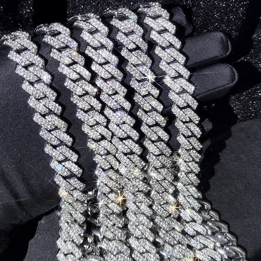 14 mm iced-out prong Cuban link chain necklace for men and women, double-row rhinestone Miami diamond hip-hop jewelry, wholesale