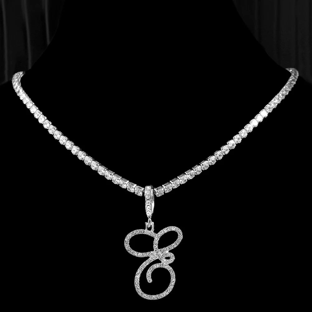 New cursive letter necklace with cubic zirconia, initial name necklace in hip-hop style, jewelry in gold and silver colors, CZ pendant with 26 letters