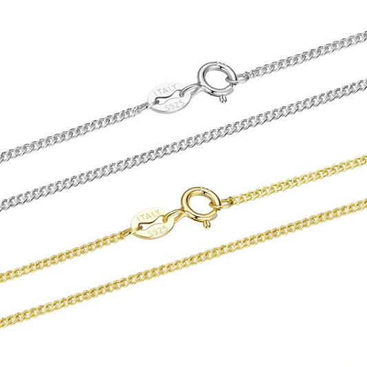 BAMOER side chain necklace in solid gold over 925 sterling silver for women and girls, 1.2 mm fine curb chain, recycled silver necklace