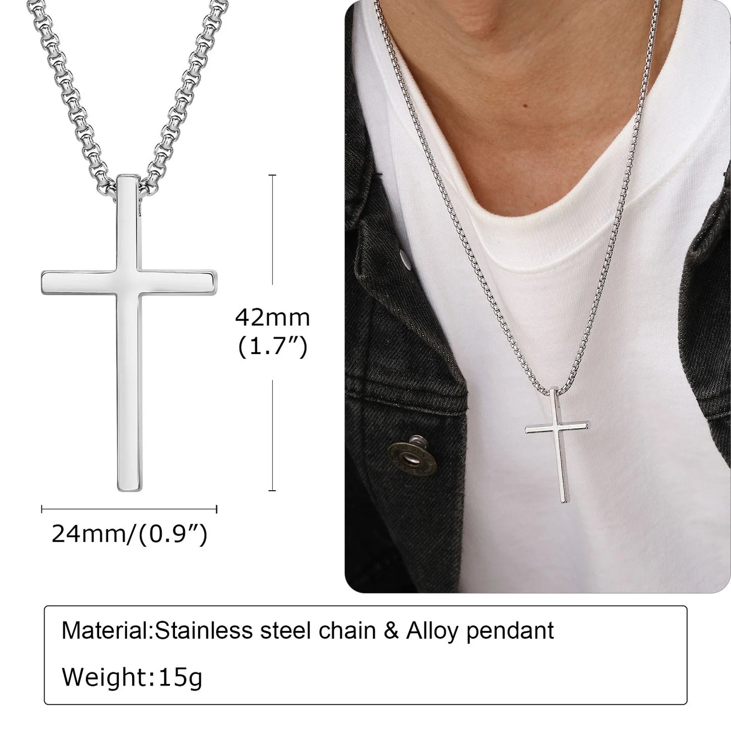 Vnox cross necklace for men and women, simple cross pendant in silver color with stainless steel box chain