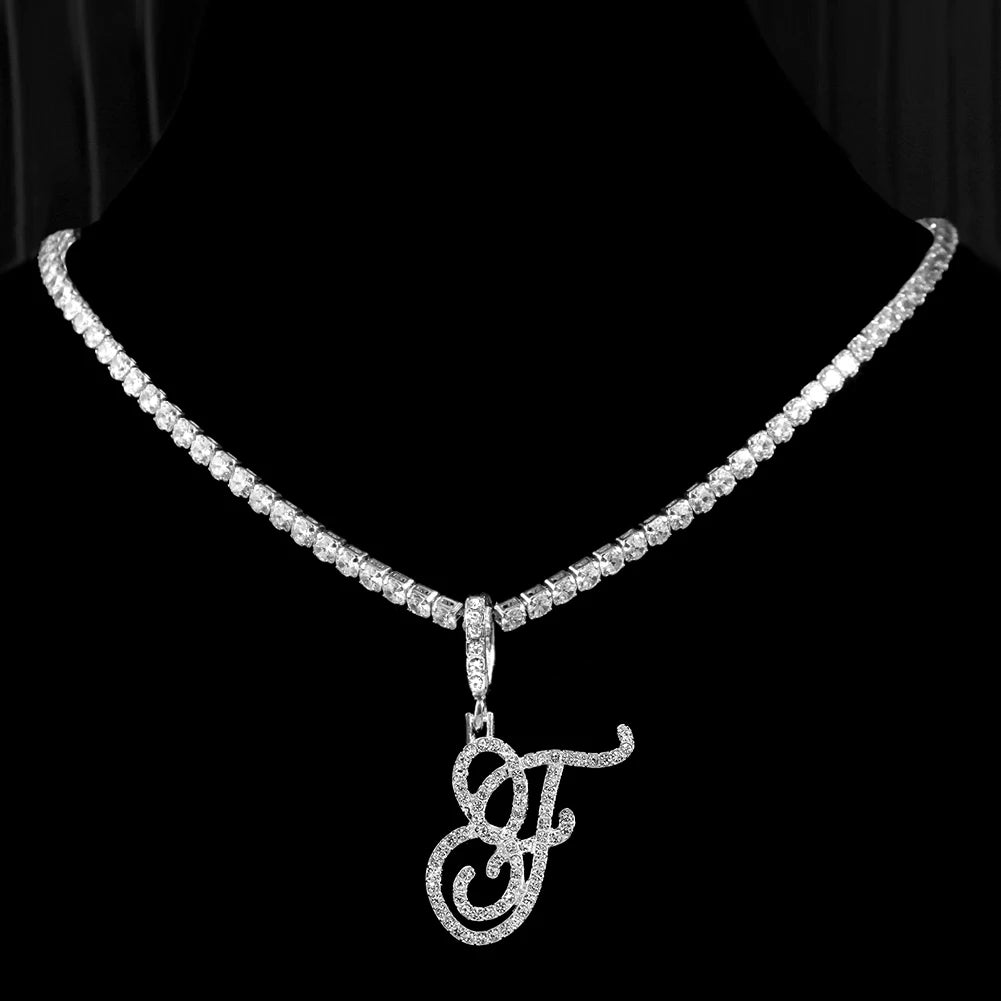 New cursive letter necklace with cubic zirconia, initial name necklace in hip-hop style, jewelry in gold and silver colors, CZ pendant with 26 letters