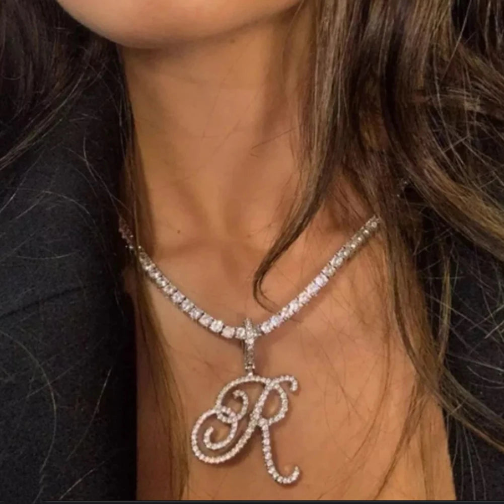 New cursive letter necklace with cubic zirconia, initial name necklace in hip-hop style, jewelry in gold and silver colors, CZ pendant with 26 letters