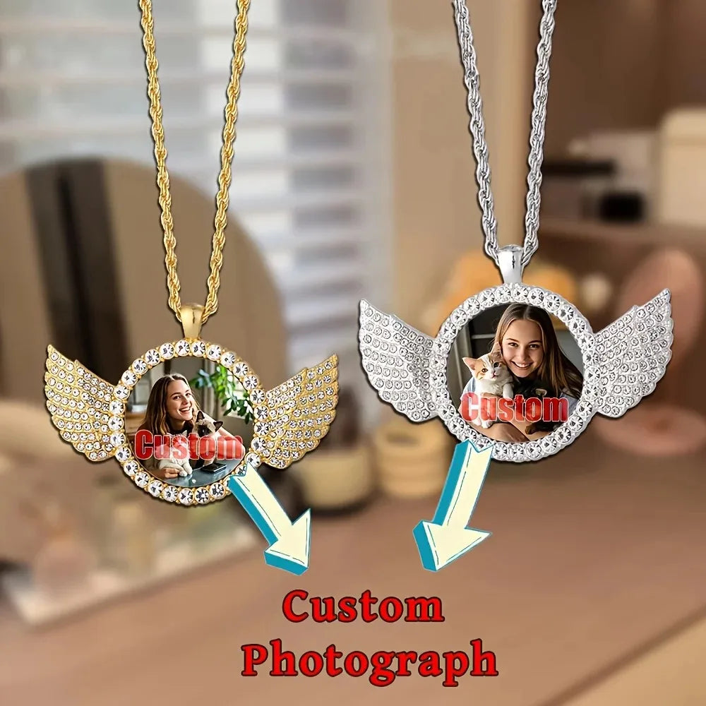 Custom Angel Wing Round Photo Necklace, Personalized Picture Pendant for Jewelry Ideal for Anniversary Birthday Gift for Him Her