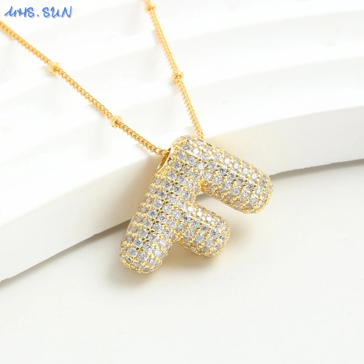MHS.SUN Gold Plated Balloon 26 Letter Necklaces Copper Zircon Bubble Initial Pendant Chunky Women Personality Chain Jewelry