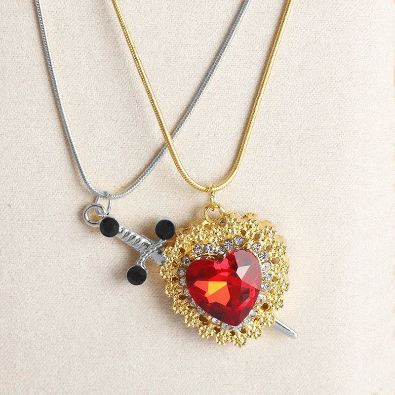 LATS 2-piece heart and sword zircon pendant necklace set, stackable, for women and men, couple necklace, silver-plated/gold-plated, choker chain jewelry