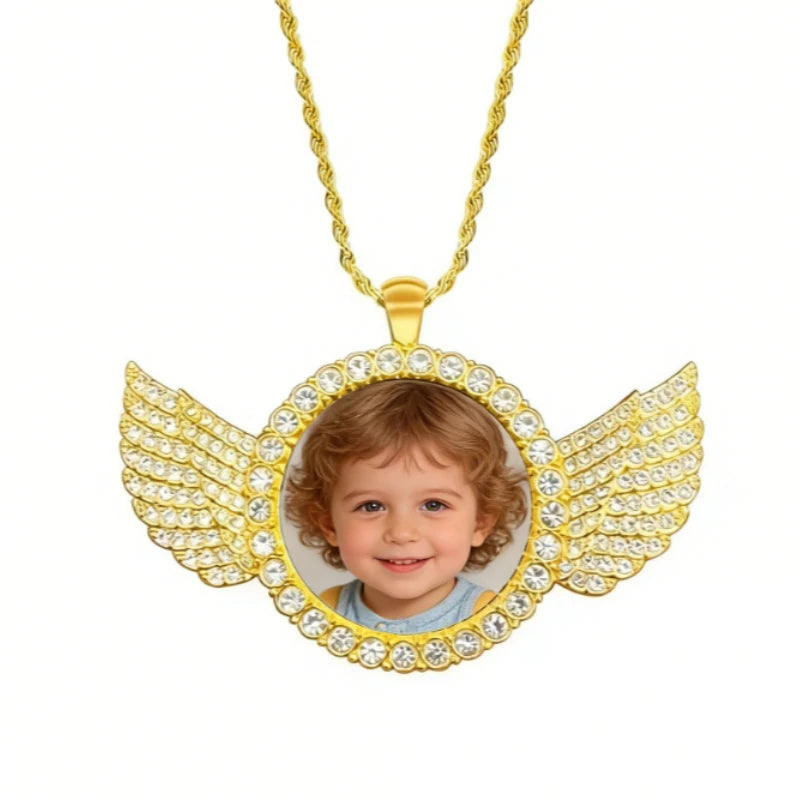 Custom Angel Wing Round Photo Necklace, Personalized Picture Pendant for Jewelry Ideal for Anniversary Birthday Gift for Him Her