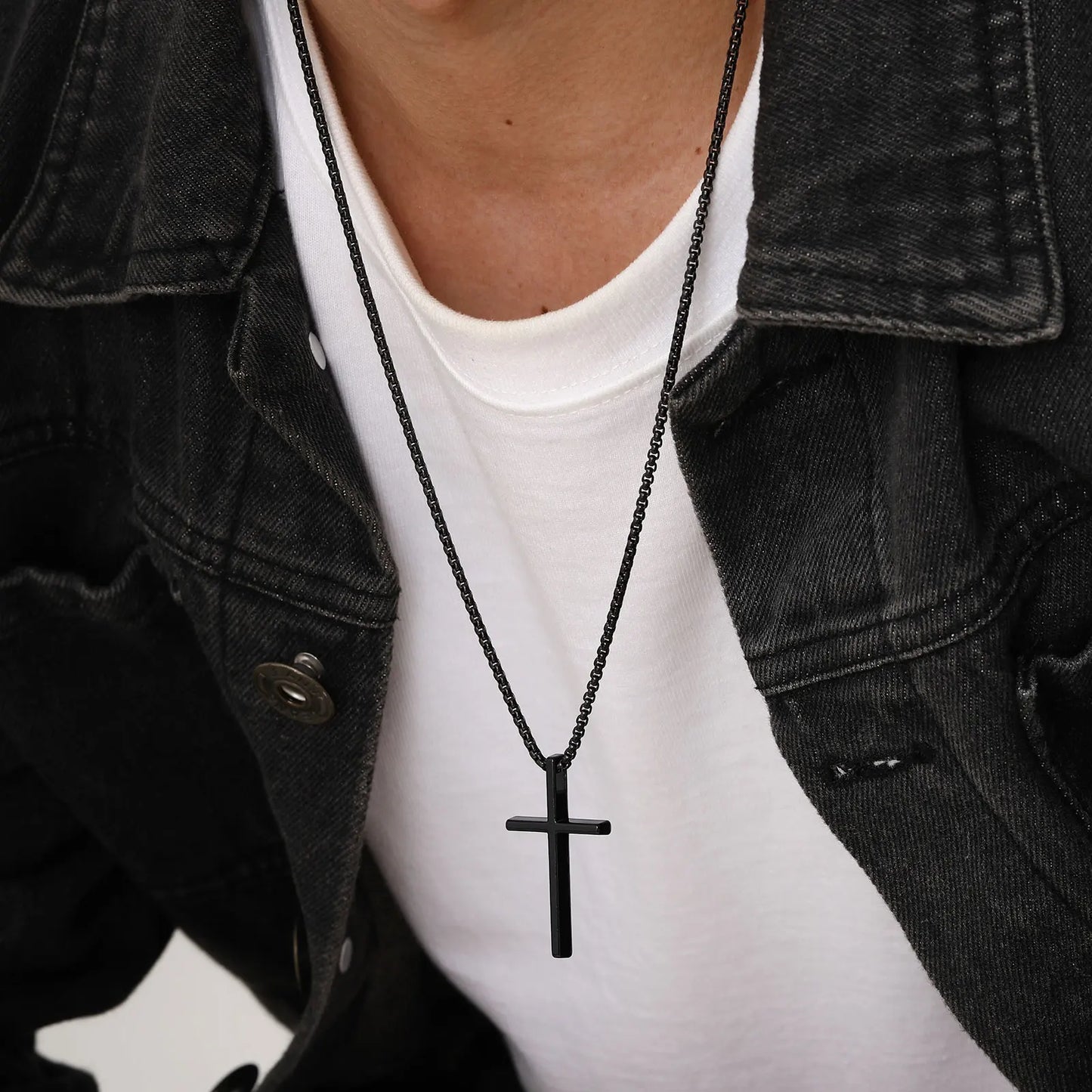 Vnox cross necklace for men and women, simple cross pendant in silver color with stainless steel box chain