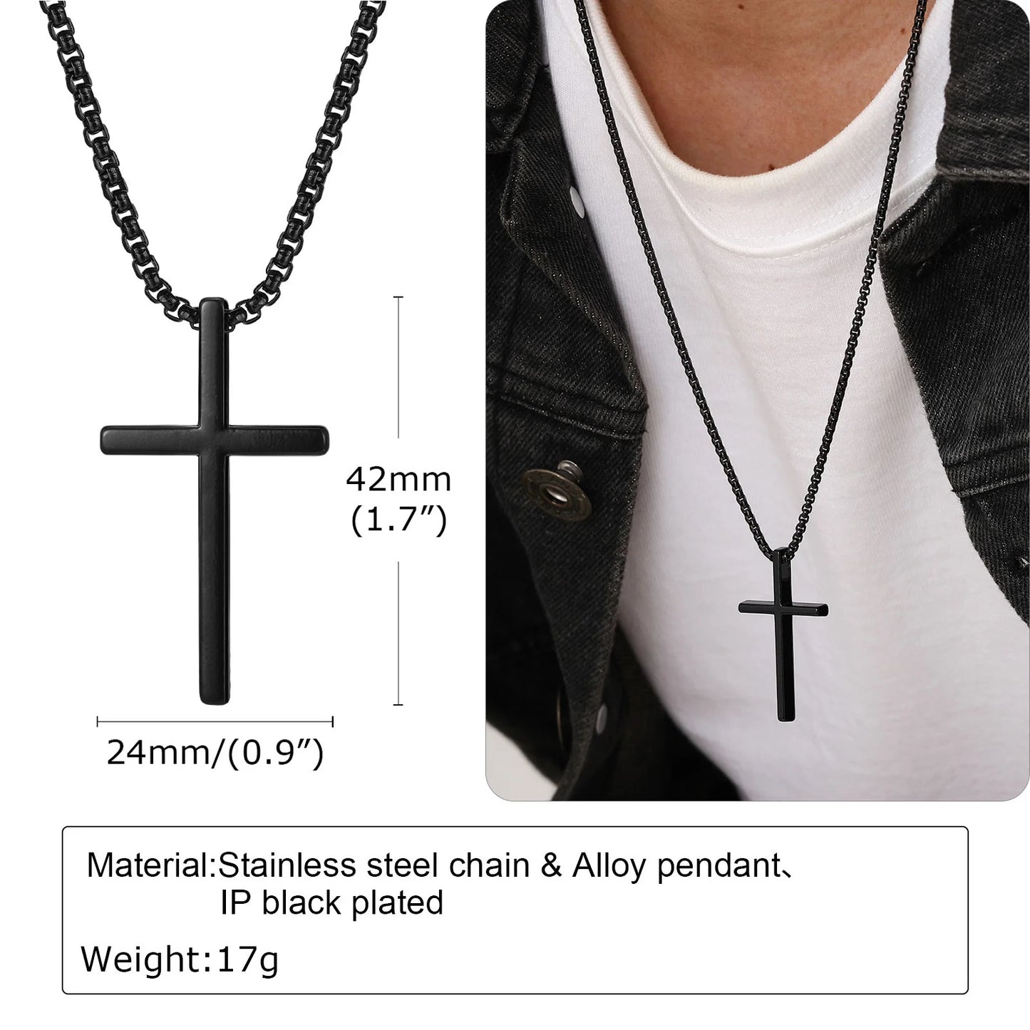 Vnox cross necklace for men and women, simple cross pendant in silver color with stainless steel box chain