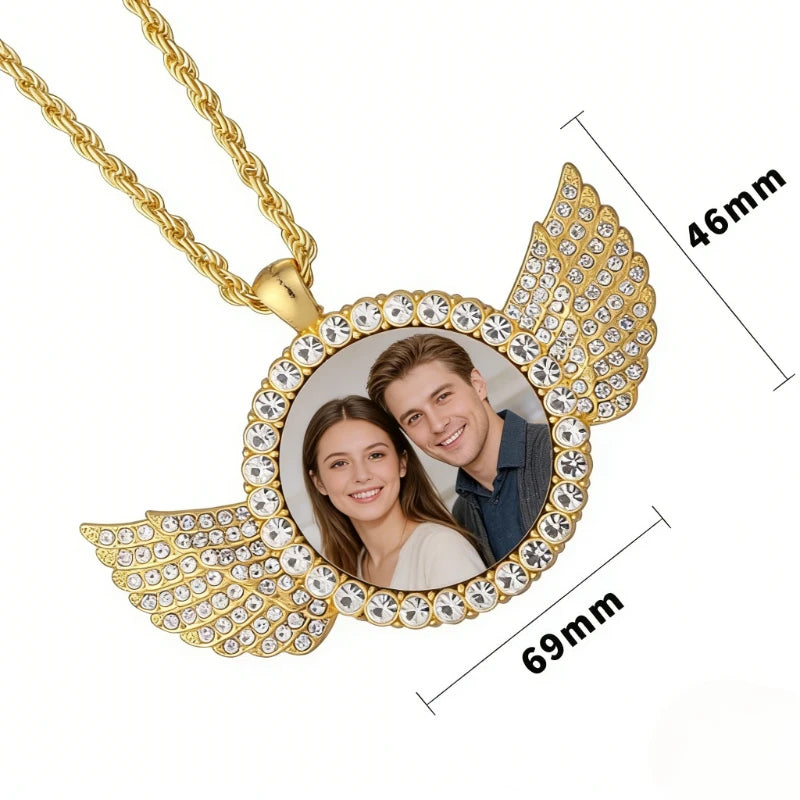 Custom Angel Wing Round Photo Necklace, Personalized Picture Pendant for Jewelry Ideal for Anniversary Birthday Gift for Him Her