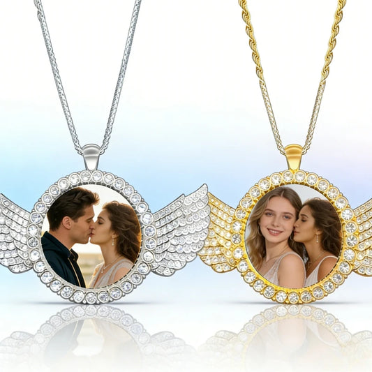 Custom Angel Wing Round Photo Necklace, Personalized Picture Pendant for Jewelry Ideal for Anniversary Birthday Gift for Him Her