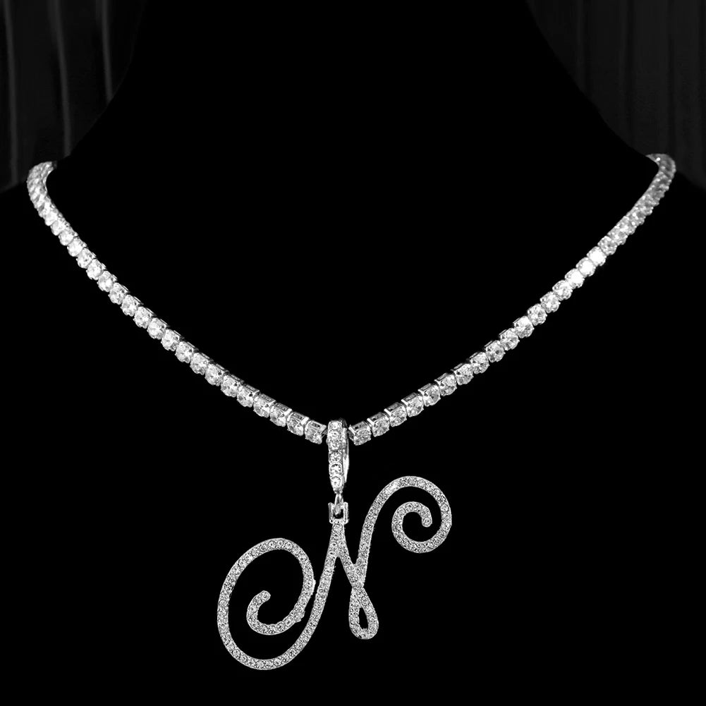 New cursive letter necklace with cubic zirconia, initial name necklace in hip-hop style, jewelry in gold and silver colors, CZ pendant with 26 letters