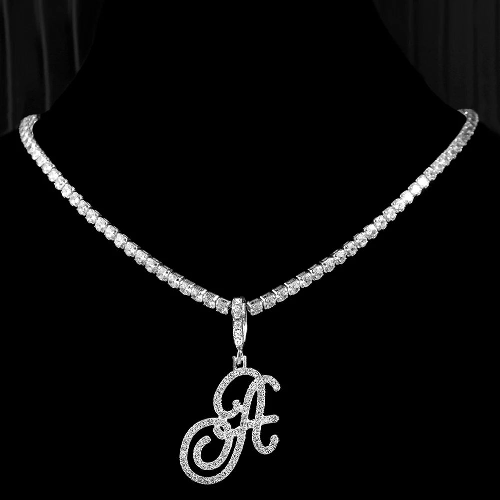 New cursive letter necklace with cubic zirconia, initial name necklace in hip-hop style, jewelry in gold and silver colors, CZ pendant with 26 letters