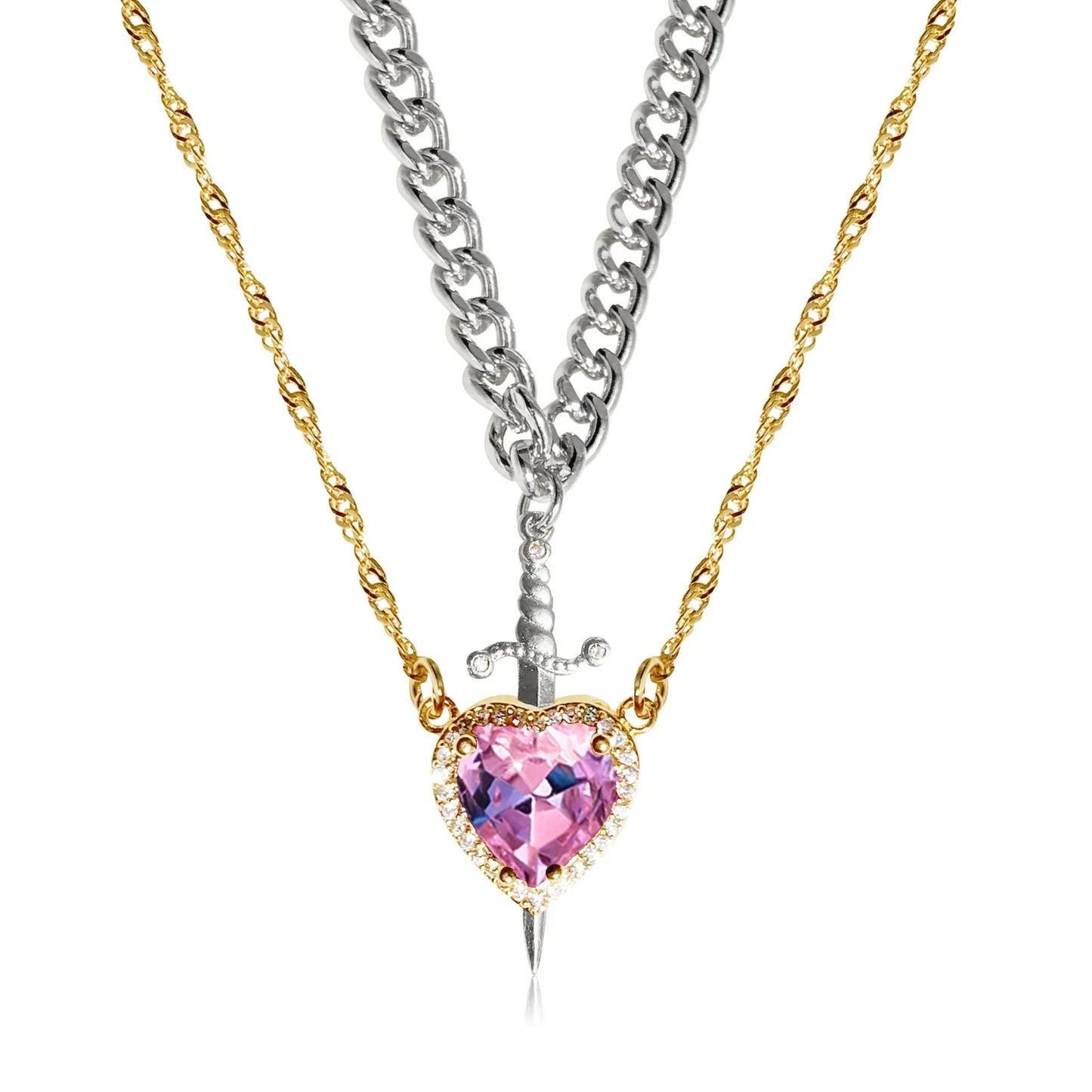 LATS 2-piece heart and sword zircon pendant necklace set, stackable, for women and men, couple necklace, silver-plated/gold-plated, choker chain jewelry