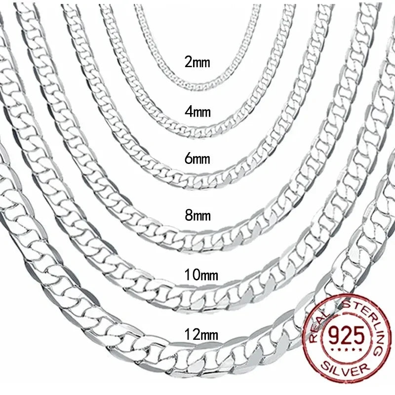 Men’s 925 sterling silver necklace, 2/4/6/8/10/12 mm, 40–75 cm, face chain necklace, lobster clasp, jewelry for men and women, engagement jewelry