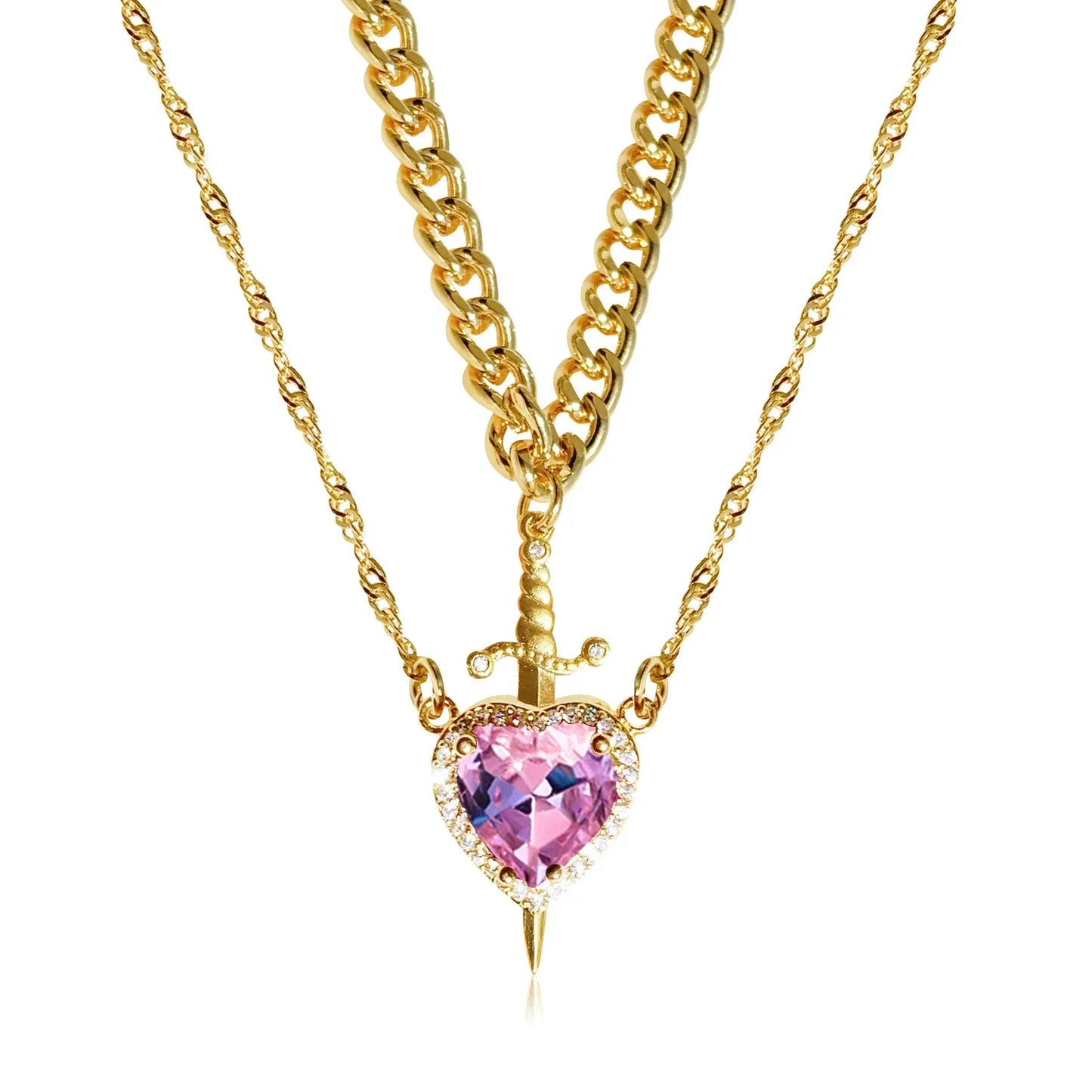 LATS 2-piece heart and sword zircon pendant necklace set, stackable, for women and men, couple necklace, silver-plated/gold-plated, choker chain jewelry