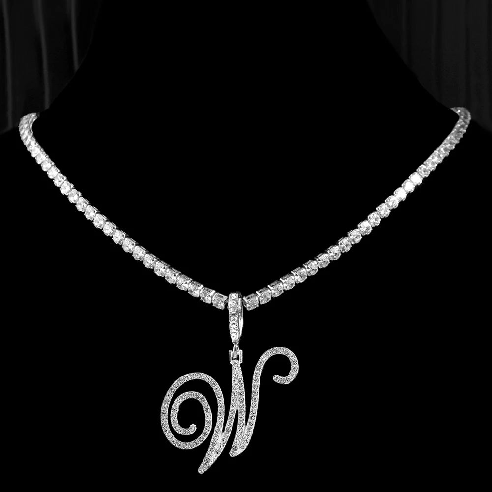 New cursive letter necklace with cubic zirconia, initial name necklace in hip-hop style, jewelry in gold and silver colors, CZ pendant with 26 letters