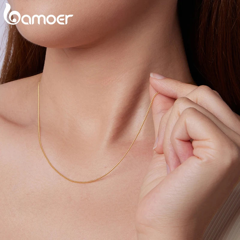 BAMOER side chain necklace in solid gold over 925 sterling silver for women and girls, 1.2 mm fine curb chain, recycled silver necklace