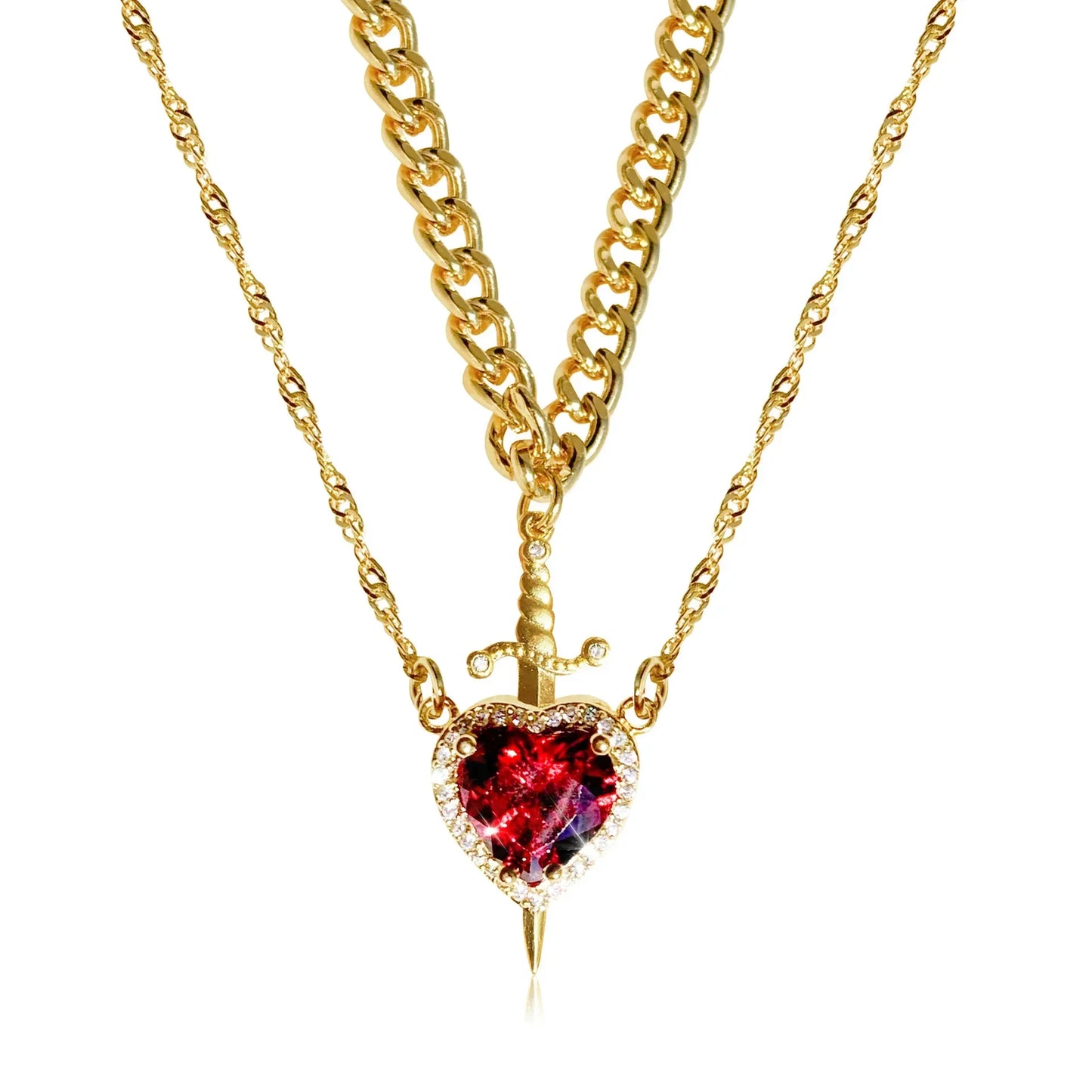 LATS 2-piece heart and sword zircon pendant necklace set, stackable, for women and men, couple necklace, silver-plated/gold-plated, choker chain jewelry