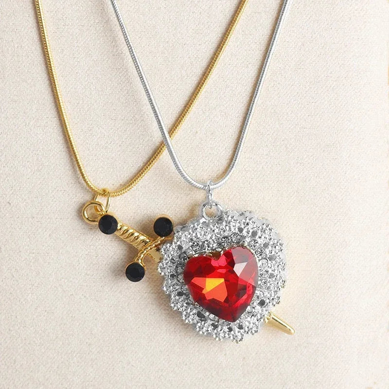 LATS 2-piece heart and sword zircon pendant necklace set, stackable, for women and men, couple necklace, silver-plated/gold-plated, choker chain jewelry