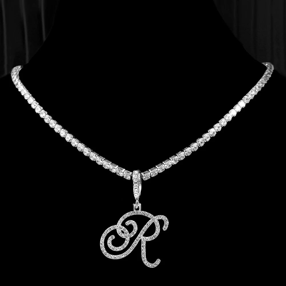 New cursive letter necklace with cubic zirconia, initial name necklace in hip-hop style, jewelry in gold and silver colors, CZ pendant with 26 letters