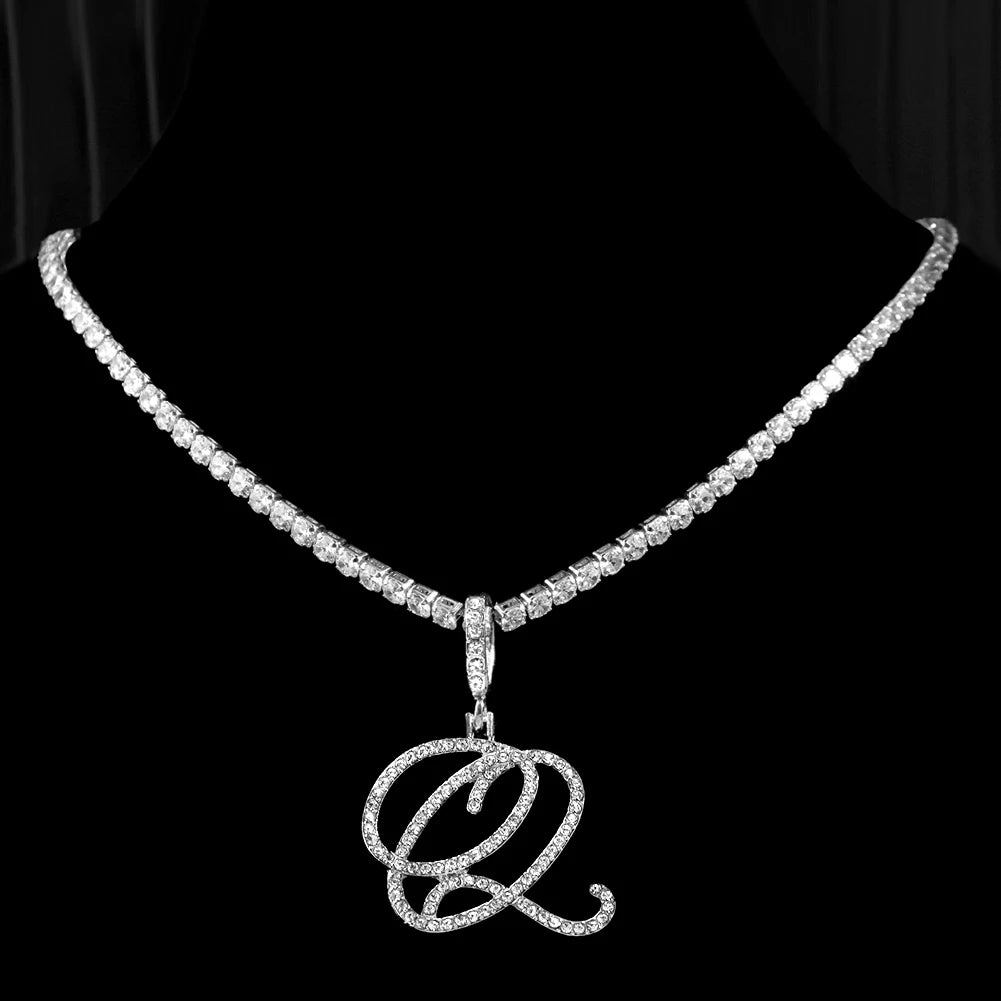 New cursive letter necklace with cubic zirconia, initial name necklace in hip-hop style, jewelry in gold and silver colors, CZ pendant with 26 letters