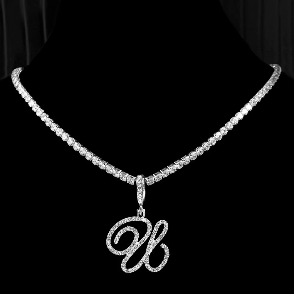 New cursive letter necklace with cubic zirconia, initial name necklace in hip-hop style, jewelry in gold and silver colors, CZ pendant with 26 letters