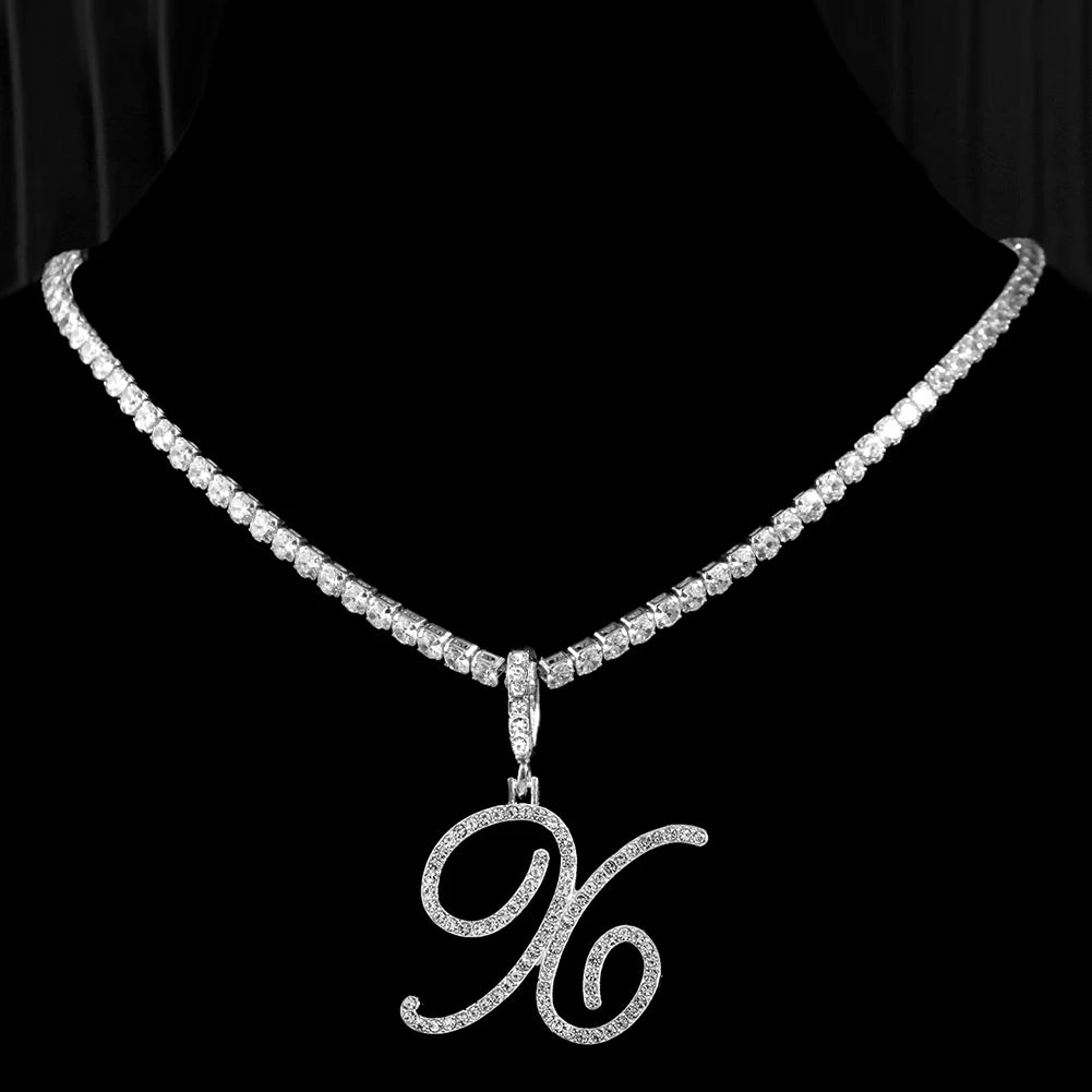 New cursive letter necklace with cubic zirconia, initial name necklace in hip-hop style, jewelry in gold and silver colors, CZ pendant with 26 letters