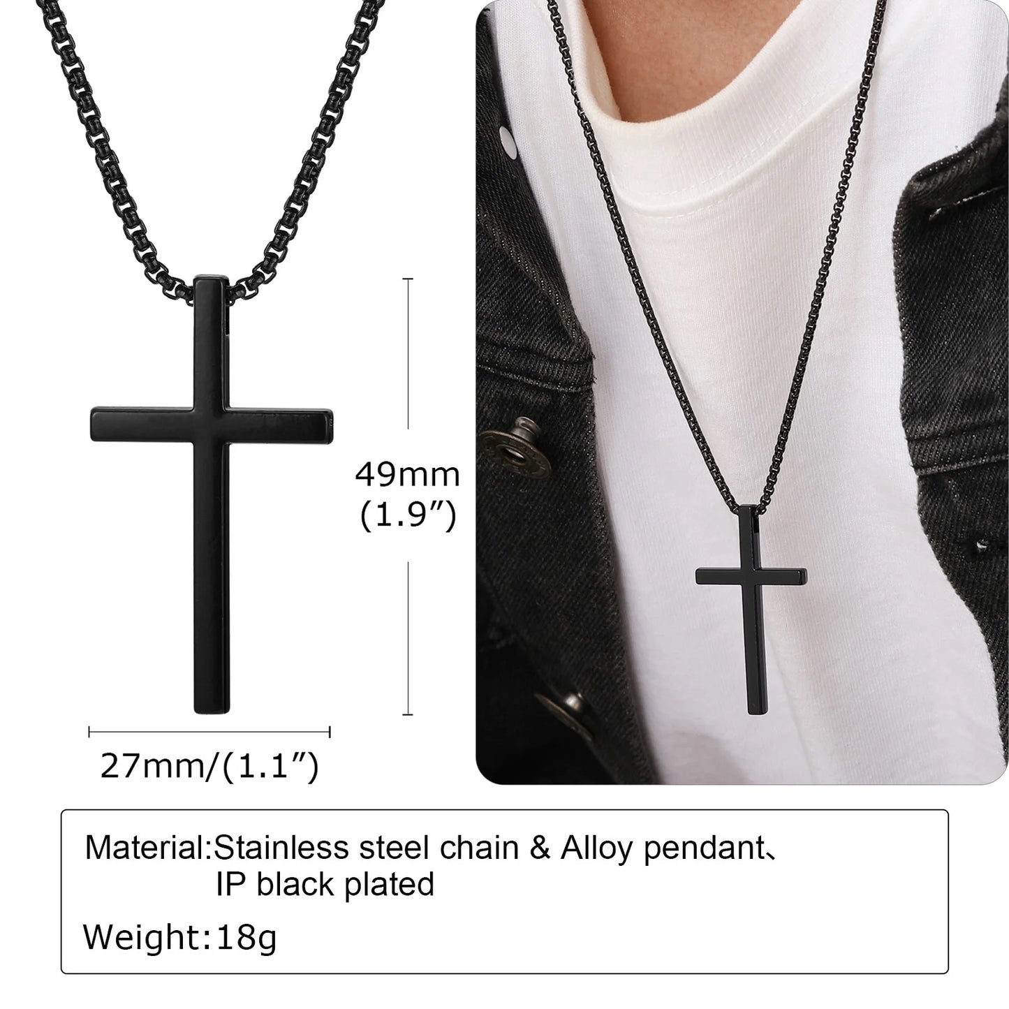Vnox cross necklace for men and women, simple cross pendant in silver color with stainless steel box chain