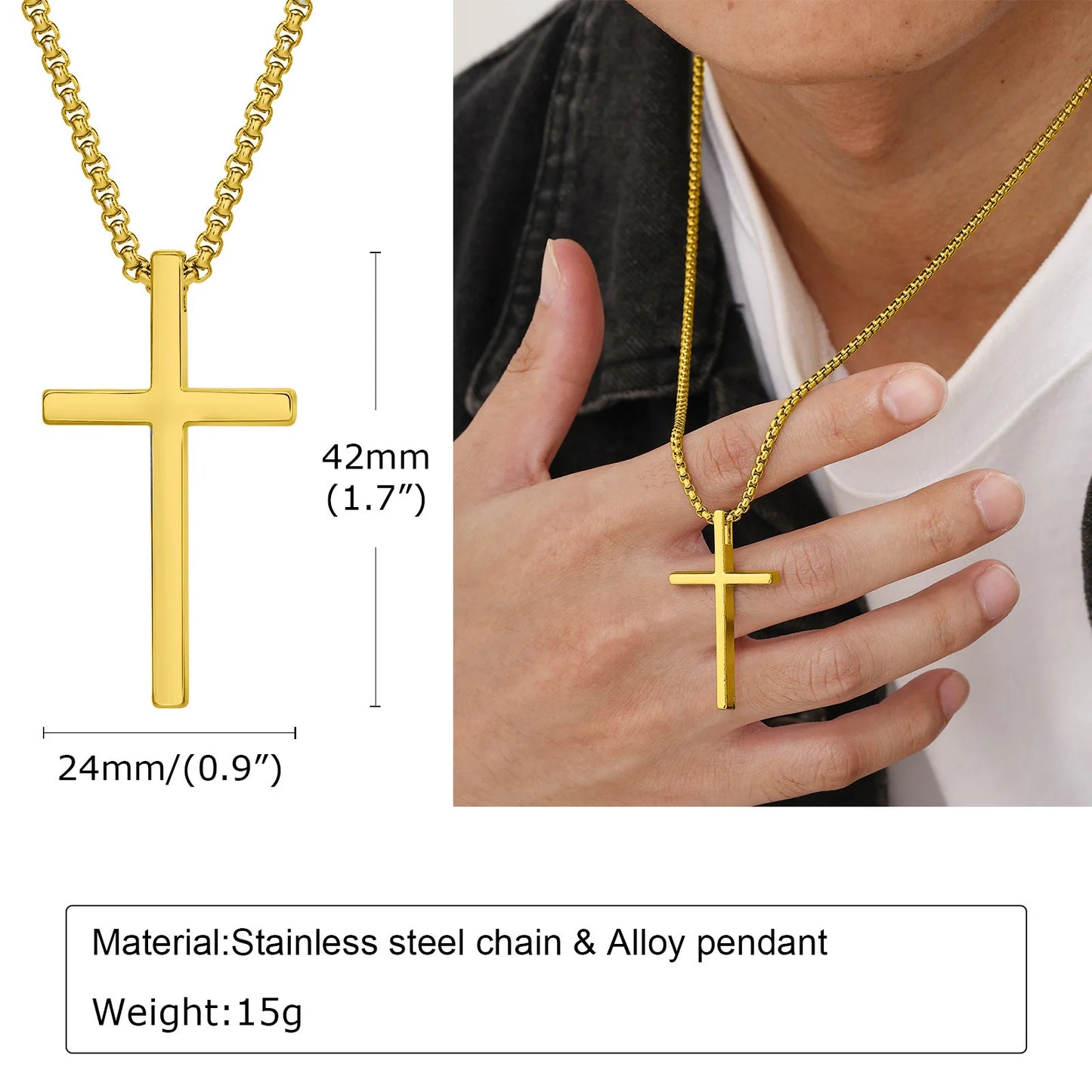 Vnox cross necklace for men and women, simple cross pendant in silver color with stainless steel box chain